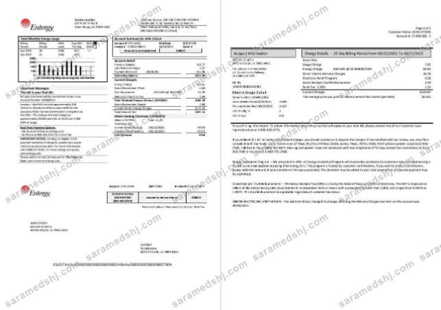 USA Entergy electricity utility bill template in Word and PDF format (2 pages)